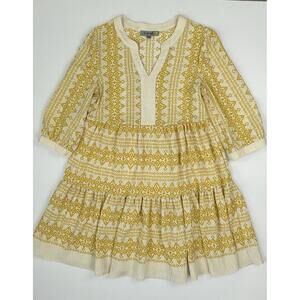 Figueroa & Flower Yellow Cream 3/4 Sleeve Tiered Boho Babydoll Dress Large